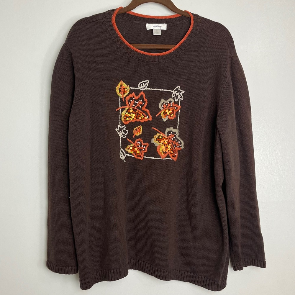 Novelty Print Brown Autumn Leaf Embroidered Sequin Cotton Sweater Fall Womens 3X